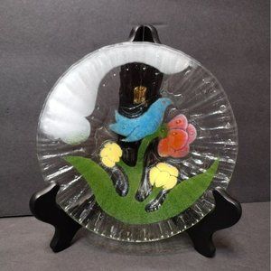 Hand Crafted Fused Glass Plate, Ruffle Edging, Signed Art Glass, Bird & Flowers